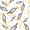 Seamless pattern with leaves and abstract figures.