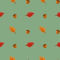 Seamless pattern with leaves and acorn on green background. Abstract autumn texture. Design for fabric, wallpaper, textile and Royalty Free Stock Photo