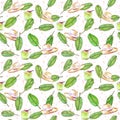 Seamless pattern with leaves of a banana tree, summer hat and cocktail. Watercolor illustration Royalty Free Stock Photo