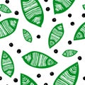 Seamless pattern with leaves and berries. Floral print with foliage, graphic green wallpaper, hand drawn texture with a leaf. Royalty Free Stock Photo