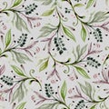 Seamless pattern with leaves and berries in green and broun colors on grey background