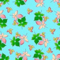 Seamless pattern of leaves on a blue background. Autumn leaves of blackberry. Red and green leaves pattern Royalty Free Stock Photo