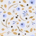 Seamless pattern with leaves and blue roses. Botanical floral ba