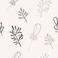 Seamless pattern of leaves, branches, trees in muted beige tones.