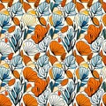 a seamless pattern of leaves and flowers.