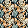 a seamless pattern of leaves and flowers.