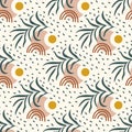 Seamless pattern with leaves and geometric shapes. Pattern in hand drawn style. Royalty Free Stock Photo