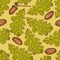 Seamless pattern with leaves of oak and acorns. Natural autumn objects.