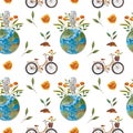 Seamless pattern with leaves and orange flowers, planet, Bicycle and trees inscription on a theme zero waste on white Royalty Free Stock Photo