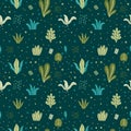 Seamless pattern leaves plant green color.Floral motif nature abstract print.Modern summer background. Royalty Free Stock Photo