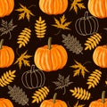 Seamless pattern with leaves and pumpkins. Vector autumn background.