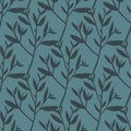 Seamless pattern with leaves silhouette on green background. Tree branches wallpaper. Decorative twigs Royalty Free Stock Photo