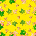 Seamless pattern of leaves on a yellow background. Autumn leaves of blackberry. Red and green leaves pattern