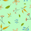 Seamless Pattern Leaves with yellow, green, blue stems with yellow flowers Royalty Free Stock Photo
