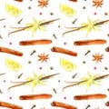 Seamless pattern of a lemon, cinnamon, vanilla, cloves, star anise. Royalty Free Stock Photo