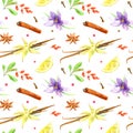 Seamless pattern of a lemon, cinnamon, vanilla, cloves, star anise,saffron,barberry.