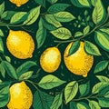 Seamless pattern with lemon fruit, leaves and branches on dark background. Floral backdrop with tropic fruits Royalty Free Stock Photo