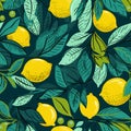 Seamless pattern with lemon fruit, leaves and branches on dark background. Floral backdrop with tropic fruits Royalty Free Stock Photo