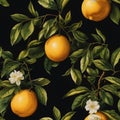 Seamless pattern with lemon fruit, leaves and branches on dark background. Floral backdrop with tropic fruits Royalty Free Stock Photo