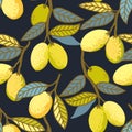 Seamless pattern with lemon fruits and leaves. Vector illustration of lemon branches in minimalistic doodle style.