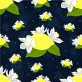 Seamless pattern with lemon fruits and lemon flowers on dark background