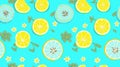 Seamless pattern with lemon and gears on a light blue background. Unusual lemon in the cut. Royalty Free Stock Photo