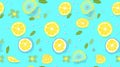 Seamless pattern with lemon and gears on a light blue background. Unusual lemon in the cut. Royalty Free Stock Photo