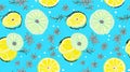 Seamless pattern with lemon and gears on a light blue background. Unusual lemon in the cut. Royalty Free Stock Photo