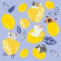 The seamless pattern of lemon and leaf with a group of cat. the part of lemon and leaf. the pattern backgroung of yellow lemon on
