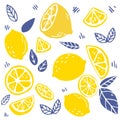 The seamless pattern of lemon and leaf. the part of lemon and leaf. the pattern backgroung of yellow lemon