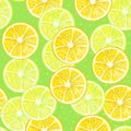 Seamless pattern with lemon and lime slice. Citrus lemon juice, lemonade fresh green and yellow background.