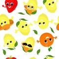Seamless pattern lemon, orange and strawberry smiling cheerfully, waving their hands and dressed in a baseball cap.