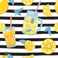 Seamless pattern with lemon, lemon slice, mint, flower, jar with lemonade.