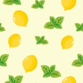 Seamless pattern with lemons and green mint on the white background.