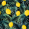 Seamless pattern with lemons and green palm leaves on the black background. Royalty Free Stock Photo