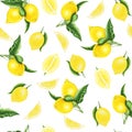 Seamless pattern with lemons and leaves and half of lemon, watercolor painting Royalty Free Stock Photo