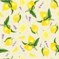 Seamless pattern with lemons, leaves and lavender, watercolor painting. Royalty Free Stock Photo