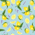 Seamless pattern with lemons, leaves and lavender, watercolor painting. Royalty Free Stock Photo