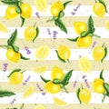 Seamless pattern with lemons, leaves and lavender, watercolor painting. Royalty Free Stock Photo