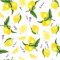 Seamless pattern with lemons, leaves and lavender, watercolor painting. Royalty Free Stock Photo