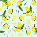 Seamless pattern with lemons, leaves and lavender, watercolor painting. Royalty Free Stock Photo