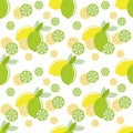 Seamless pattern of lemons and limes citrus fruits with fruit slices on a white background. Vector with swatch Royalty Free Stock Photo