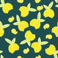 Seamless pattern of lemons and limes citrus fruits with fruit slices on a dark green background. Vector with swatch