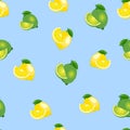 Seamless pattern with lemons and limes with leaves and slices. Blue background.