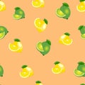 Seamless pattern with lemons and limes with leaves and slices. Orange background.