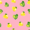 Seamless pattern with lemons and limes with leaves and slices. Pink background.