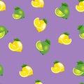 Seamless pattern with lemons and limes with leaves and slices. Purple background.