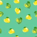 Seamless pattern with lemons and limes with leaves and slices. Turquoise background.