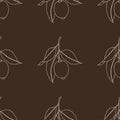 Seamless pattern with lemons. Line drawing isolated on dark brown background. Fresh Fruits with leaves. Summer design. Vector Royalty Free Stock Photo