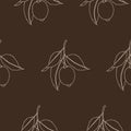 Seamless pattern with lemons. Line drawing isolated on dark brown background. Fresh Fruits with leaves. Summer design. Vector Royalty Free Stock Photo